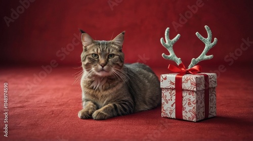 Cat on red background, Christmas background, Christmas atmosphere