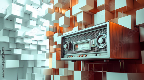 Combination of old radio built by cubic letters from the top perspective, excellent for the concept presentation. background and architecture. Immemorial. Illustration