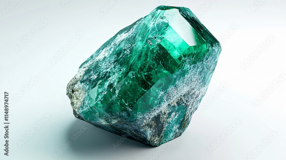 Realistic display of a polished emerald with its rich green color and smooth, faceted surface on a white background Realistic display of a polished emerald with its rich green color and smooth, faceted surface on a white background