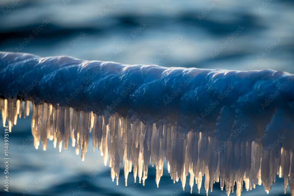 The weather is very cold. Images of frozen ship ropes in the sea. Icicles.