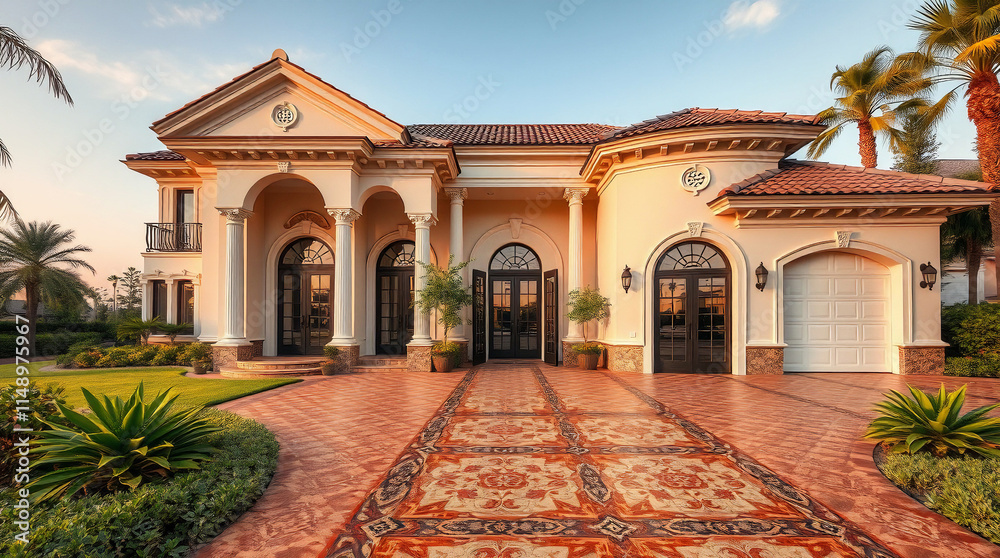 Mediterranean-Style House with Terracotta Driveway and Patterned Entry