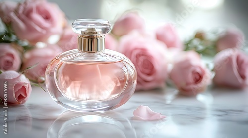 Pink perfume bottle surrounded by roses on marble.