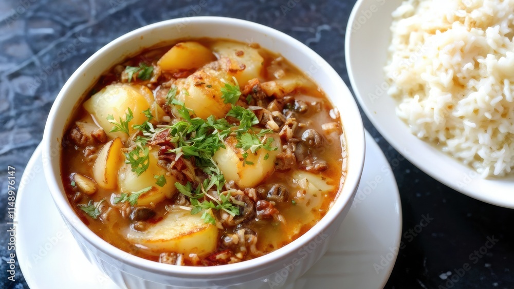 French onion soup with rice, garnished with fresh herbs and grated cheese. French onion soup with rice, garnished with fresh herbs and grated cheese.