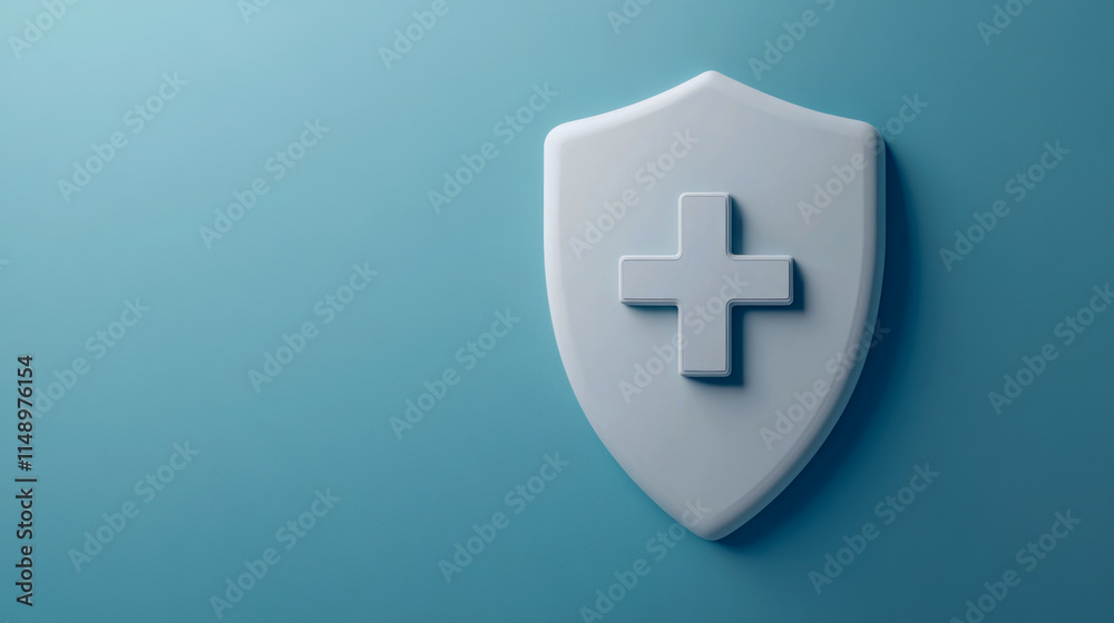White shield with medical cross on blue background symbolizing healthcare and protection White shield with medical cross on blue background symbolizing healthcare and protection
