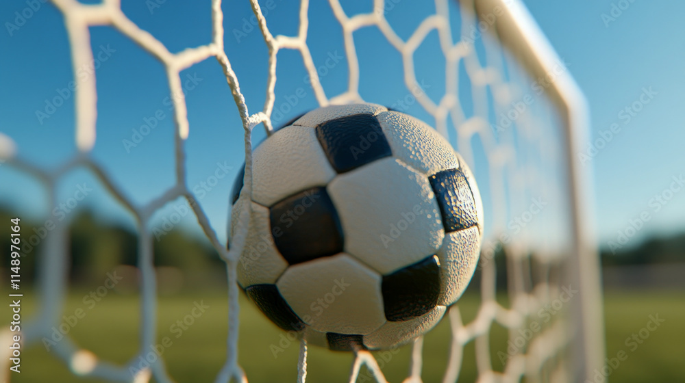 Naklejka premium Soccer ball stuck in goal net on vibrant sunny day at outdoor field