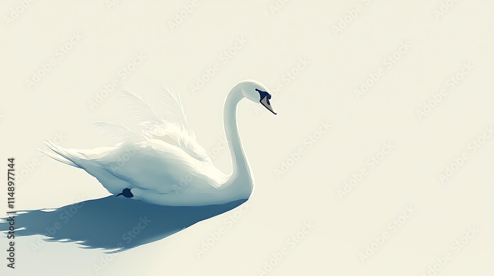 Fototapeta premium Elegant white swan gracefully floats on serene water, casting a shadow.