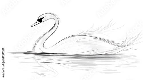 Fototapeta Naklejka Na Ścianę i Meble -  Elegant swan gracefully swimming on calm water, depicted in a minimalist sketch style.