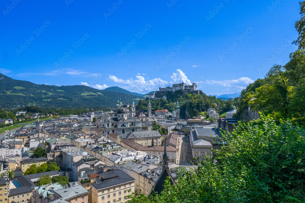 Fototapeta premium The City of Salzburg with Salzach River and Fortress Hohensalzburg in the State of Salzburg in Austria.