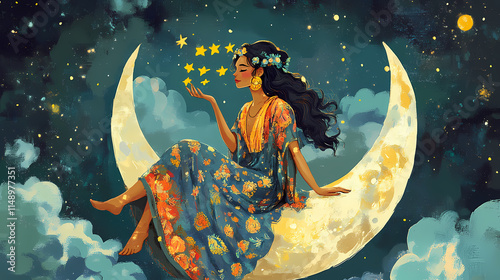 An attractive, pretty goddess sits on the moon grabbing yellow stars, a whimsical hairstyle with printed multi color cotton fabric style. artistic illustration. Immemorial. Illustration photo