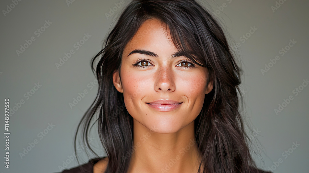 Young caucasian female with dark hair smiling gently against a soft background Young caucasian female with dark hair smiling gently against a soft background