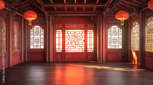 Chinese style empty room and screen, 3d rendering. Immemorial. Illustration photo