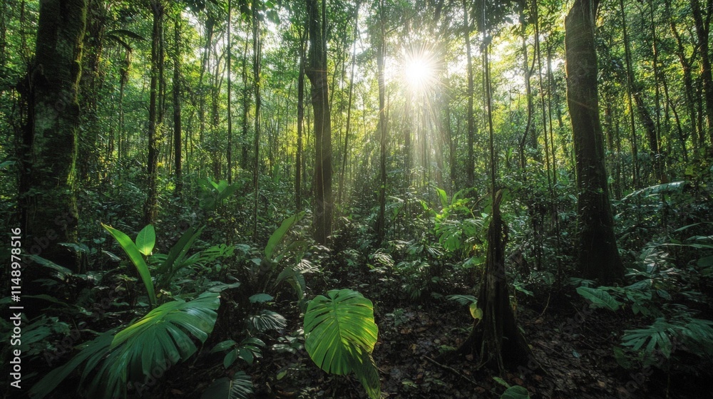 Fototapeta premium Sunlight Streaming Through Lush Green Canopy in Tropical Forest