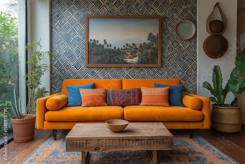 Salon Éclectique et Rétro avec Tapisserie Géométrique Audacieuse, Canapé Restauré et Table Basse en Bois Recyclé