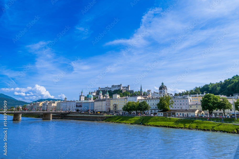 The City of Salzburg with Salzach River and Fortress Hohensalzburg in the State of Salzburg in Austria. The City of Salzburg with Salzach River and Fortress Hohensalzburg in the State of Salzburg in Austria.