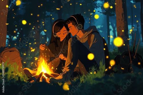 A couple sitting by a campfire in the woods, cuddled up together as the flames flicker, radiating warmth and intimacy.