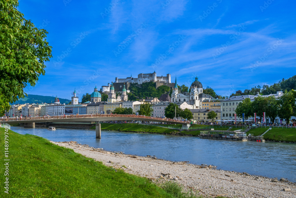 The City of Salzburg with Salzach River and Fortress Hochensalzburg in the State of Salzburg in Austria. The City of Salzburg with Salzach River and Fortress Hochensalzburg in the State of Salzburg in Austria.