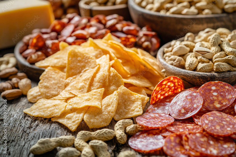 A close-up of keto-friendly snacks like cheese crisps, pepperoni chips, and nuts on a rustic table, crunchy and appealing A close-up of keto-friendly snacks like cheese crisps, pepperoni chips, and nuts on a rustic table, crunchy and appealing