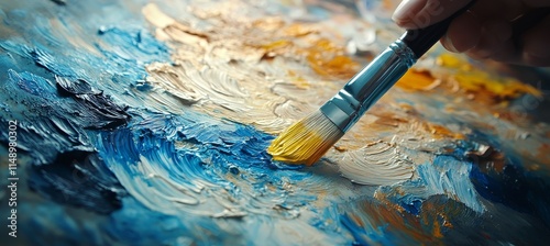 Artist s Hand Applying Yellow Paint to Palette, Creating Abstract Artwork with Blue and Gold Hues photo