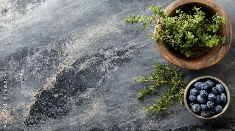 Fresh Blueberries and Thyme in Wooden Bowls
