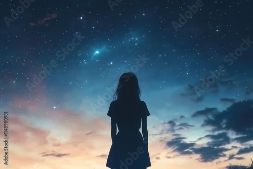 A silhouette of a girl looks at the starlit sky, immersed in the wonder and vastness of the universe.