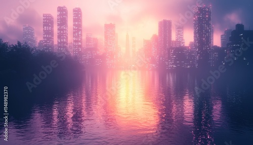 Cityscape at Sunset Reflected in Calm Water