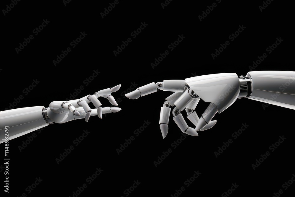 A futuristic humanoid robot hand reaching out towards another robot hand robots on opposite sides together creating brands partner Innovative technology concept A futuristic humanoid robot hand reaching out towards another robot hand robots on opposite sides together creating brands partner Innovative technology concept