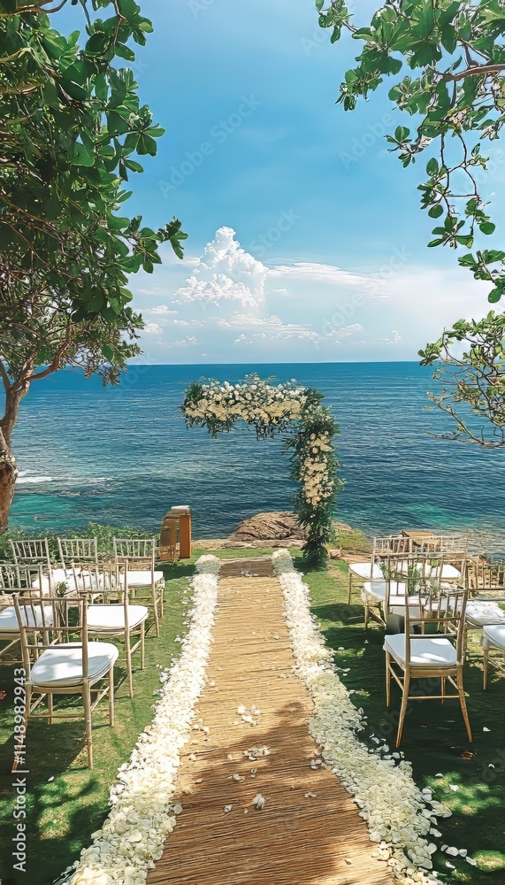 Naklejka premium Oceanfront Wedding Ceremony, Decorated with Lush Florals. Ideal for Event and Wedding Photography.