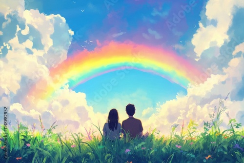 Anime couple watching a rainbow in anime illustration style, finding hope and joy in vibrant natural hues.