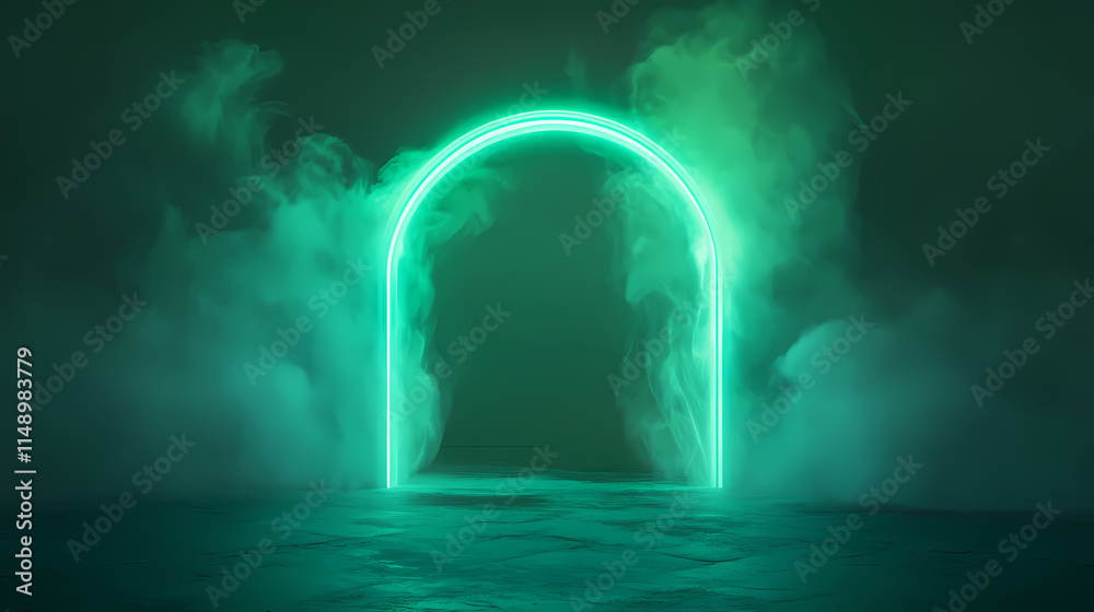 In the depths of a dark, gradient-laden backdrop, a radiant green portal beckons, its boundaries outlined in a. Celestine. Illustration In the depths of a dark, gradient-laden backdrop, a radiant green portal beckons, its boundaries outlined in a. Celestine. Illustration