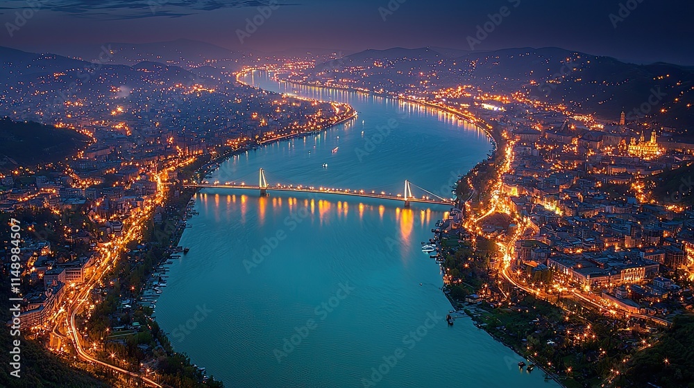 A scenic nighttime view of a river winding through a city, illuminated by city lights. A scenic nighttime view of a river winding through a city, illuminated by city lights.
