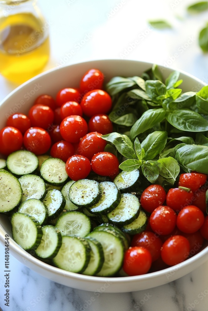 Fresh Summer Salad with Cherry Tomatoes, Cucumber, and Basil, Close-Up View in White Bowl Fresh Summer Salad with Cherry Tomatoes, Cucumber, and Basil, Close-Up View in White Bowl