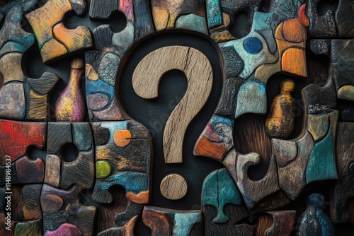 Wooden puzzle piece with a question mark surrounded by others, representing curiosity and the process of problem-solving. photo