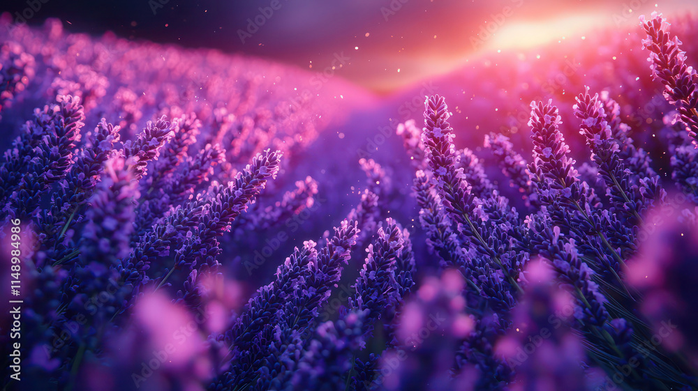 Naklejka premium A stunning view of a field of lavender in full bloom, with rows of purple flowers stretching into the distance and a soft breeze creating gentle waves, evoking a sense of calm and tranquility.