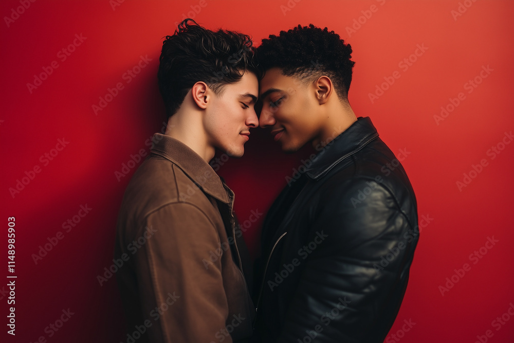gay couple, isolated on red background gay couple, isolated on red background