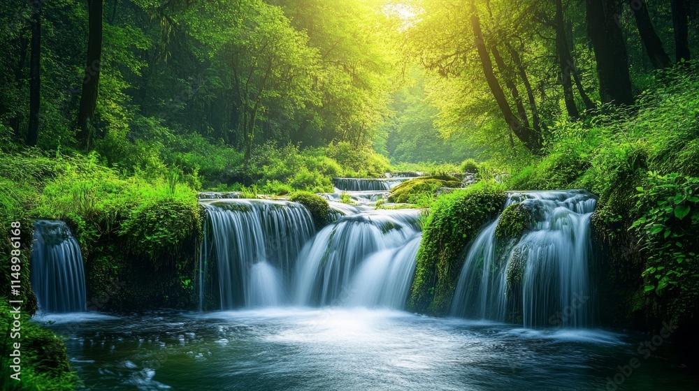 Fototapeta premium Serene Waterfall in Lush Forest - Nature's Beauty