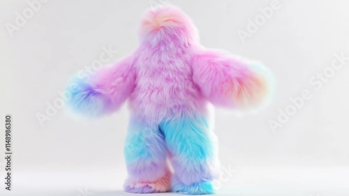 A pastel-toned vibrant fuzzy character blending pink, blue, and purple hues dancing away with joyful motion on a white background, applicable for creative concepts, fantasy themes, copy space