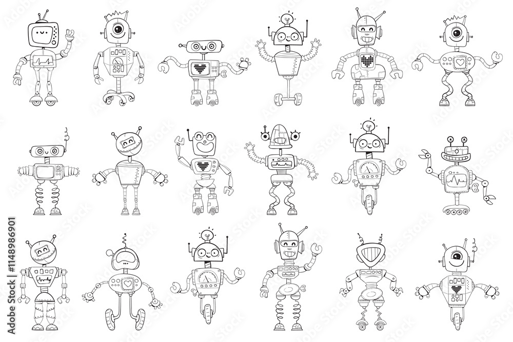 Find two identical robots. Finding differences. Black and white cartoon character. Choose right silhouette. Educational game. Funny vector illustration. Isolated on white background. Coloring book Find two identical robots. Finding differences. Black and white cartoon character. Choose right silhouette. Educational game. Funny vector illustration. Isolated on white background. Coloring book