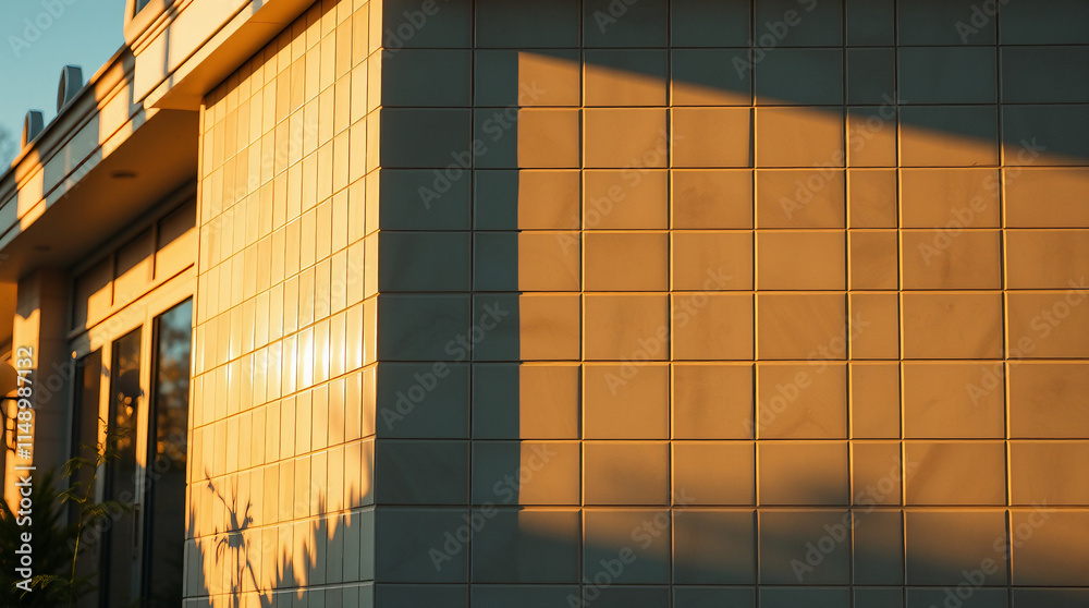 Fototapeta premium Building Exterior Wall with Tiled Surface and Shadows