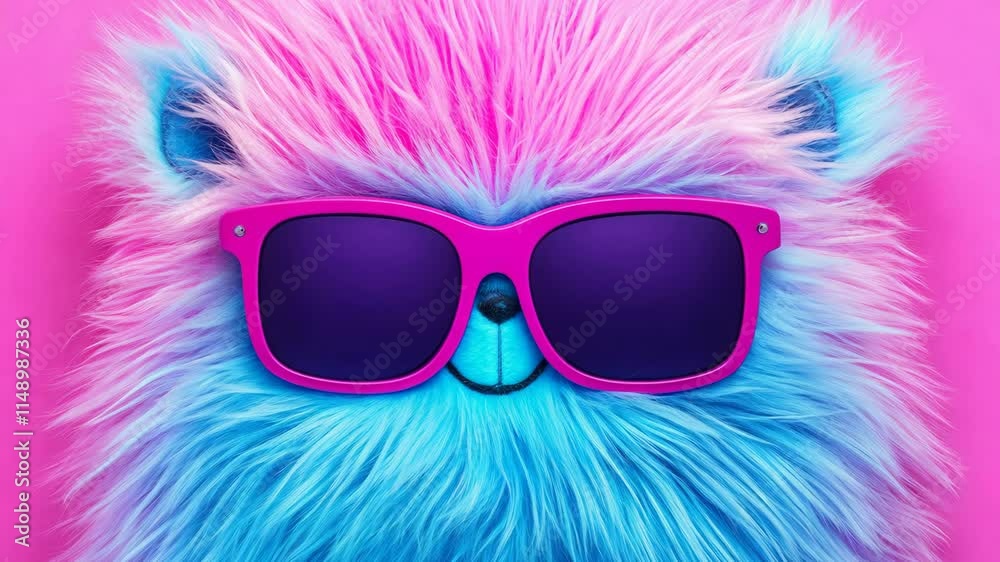A vibrant fuzzy character in pastel pink, blue, and purple fur wearing stylish sunglasses, radiating cheerful vacation vibes on a minimalistic light background, applicable for travel themes, playful d A vibrant fuzzy character in pastel pink, blue, and purple fur wearing stylish sunglasses, radiating cheerful vacation vibes on a minimalistic light background, applicable for travel themes, playful d