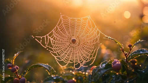 A delicate spider web glistens with dew in the soft morning light among lush greenery.