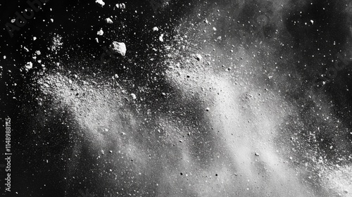 White particles dispersed against a black background