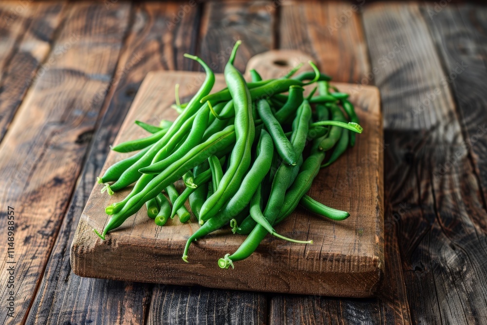 Fresh green beans tied with twine on a wooden cutting board in a kitchen setting, ready for preparation during the day Fresh green beans tied with twine on a wooden cutting board in a kitchen setting, ready for preparation during the day