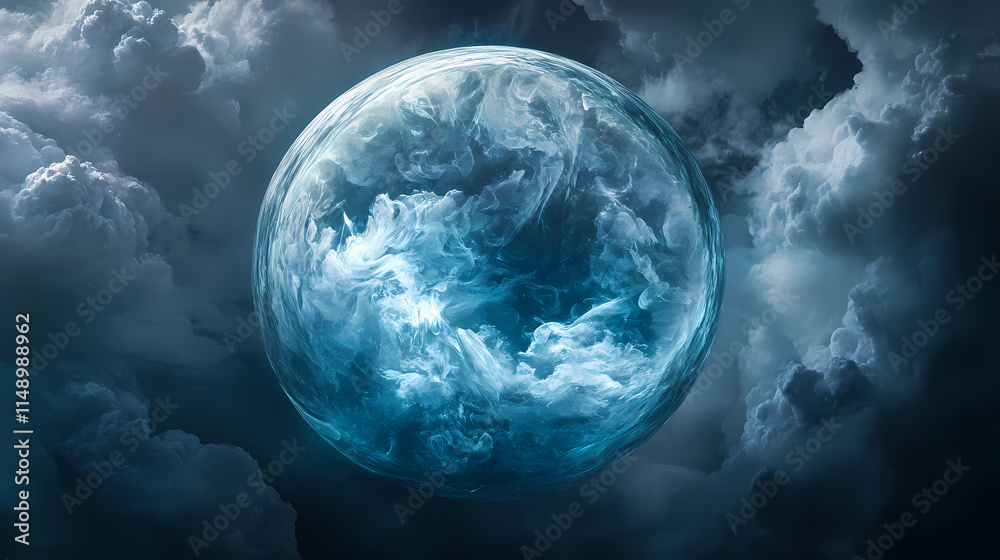 Fototapeta premium Celestite cloud ball a pale blue sphere composed of swirling ele. Celestine. Illustration