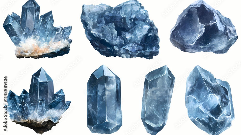 Fototapeta premium Celestite collection: heavenly 3d digital art of blue gemstone. spiritual crystal set for meditation and healing energy, isolated on transparent background. Celestine. Illustration