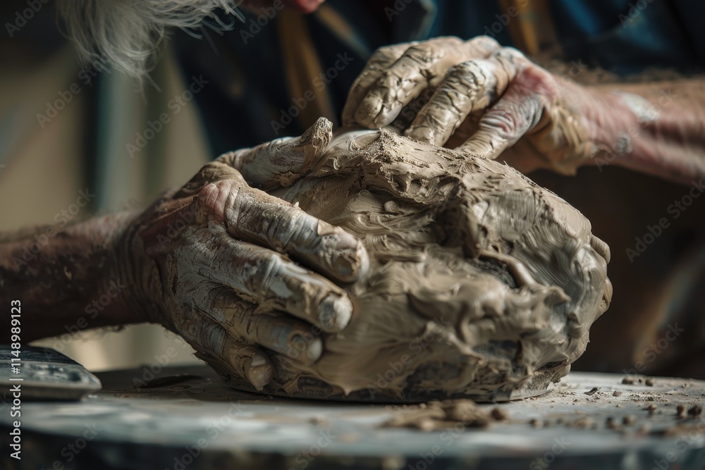 Elderly artisan skillfully shaping clay on a pottery wheel in a rustic workshop surrounded by crafting tools and natural light filtering through windows