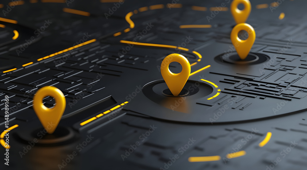 Fototapeta premium 3D Map with Location Pins and Road Paths in Urban Design, High-Tech Navigation Concept
