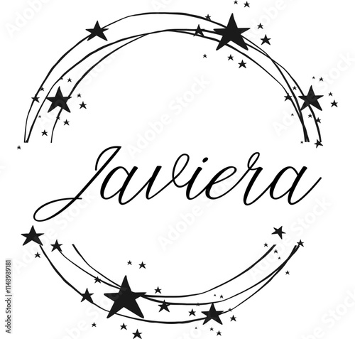 Javiera - name written between circles and stars, round logo, vector graphic design for parties and Christmas time, banners, postcards, sweatshirt, prints, cricut, silhouette, sublimation
