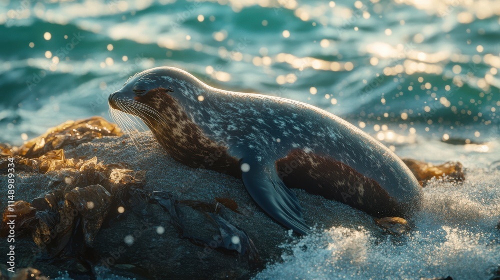 Fototapeta premium Sea lion on rock with murky water, showcasing pollution's impact on coastal wildlife