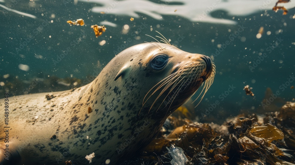 Fototapeta premium California sea lion resting near polluted shoreline, surrounded by microplastics