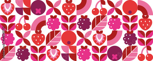 Abstract geometric seamless pattern with berries and leaves. Modern background. Organic food. Set of icons in simple flat bauhaus style. Vector illustration.